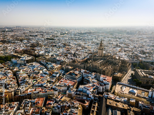 Aerial view of Seville with enormous Cathedral of Seville, Spain © malajscy