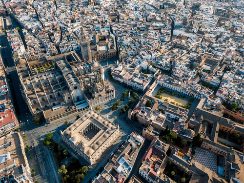 Aerial view of Seville with enormous Cathedral of Seville, Spain