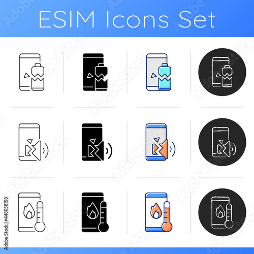 Phone repair icons set. Device problems and recovery. Speaker and battery breakage. Overheating smartphone issues. Linear, black and RGB color styles. Isolated vector illustrations