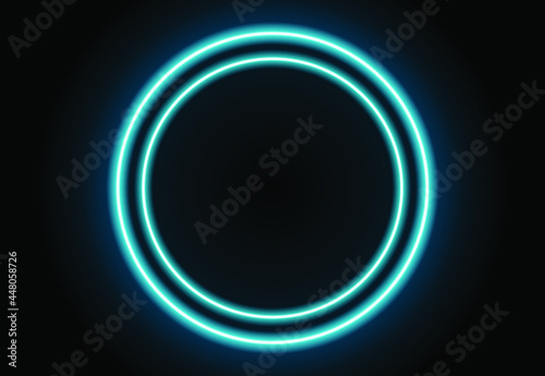 Bright neon ring light. Blue neon circle vector illustration on dark wall. Glowing circle.
