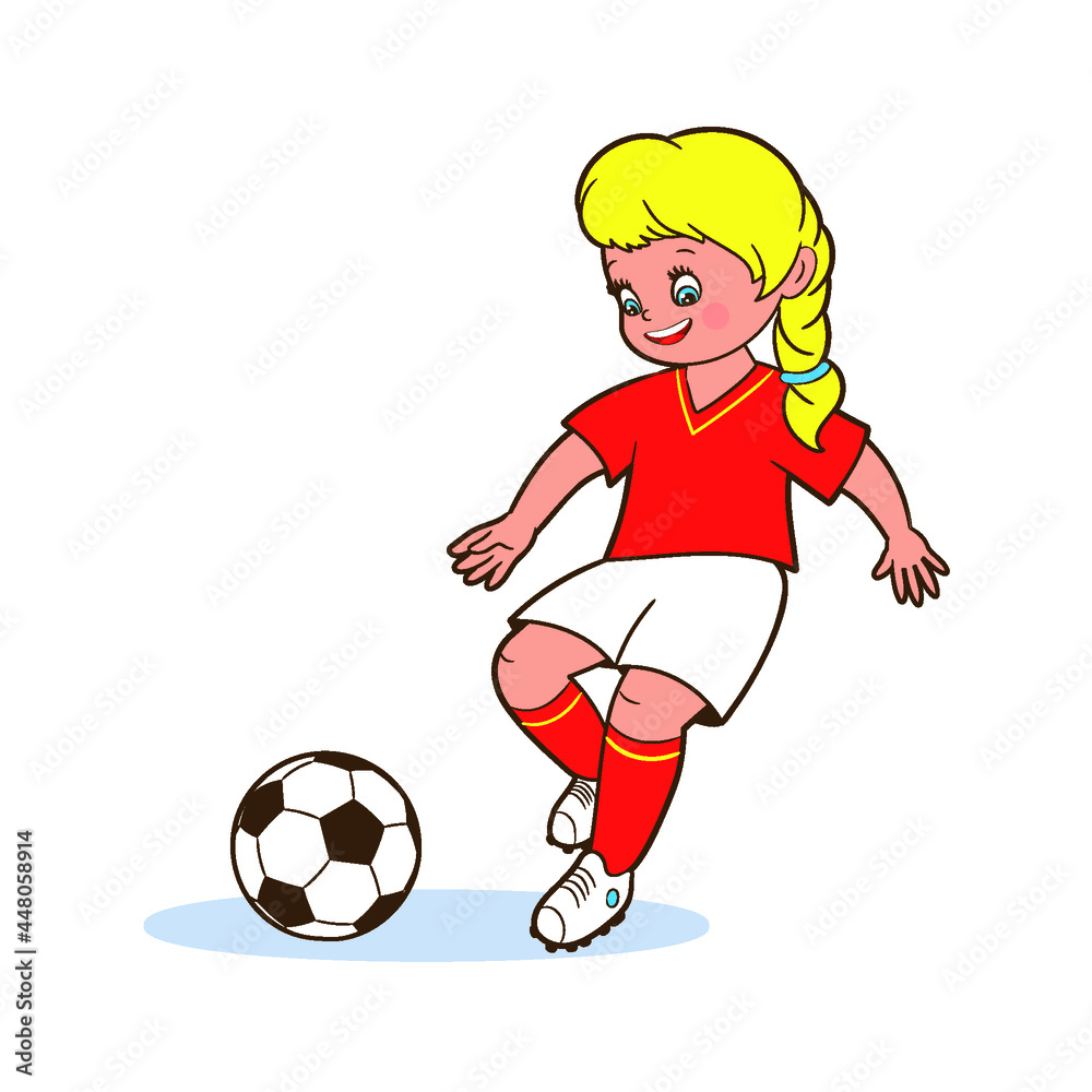 Girl soccer player kicking a soccer ball. Isolated vector illustration in cartoon style on white background for children