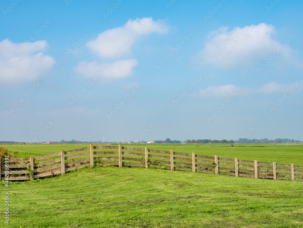Farmland closed with wooden fence in polder, Friesland, Netherlands