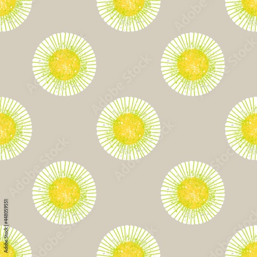 Seamless pattern. A white round flower with a yellow center on a retro gray background. Chamomile or daisy. Vector.