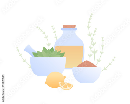 Aromatherapy and herbal medicine concept. Vector flat illustration. Bottle with yellow oil, mortar, lemon and powder symbol isolated on white background. Design element