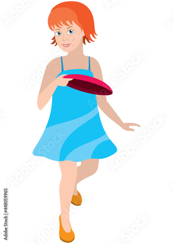 Girl with a flying disk / Illustration a cartoon young girl. She holds a disk