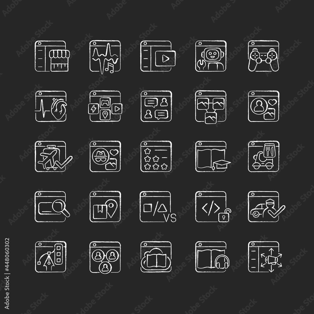 Online platforms chalk white icons set on dark background. E-commerce. Digital music. Social networks. Share medical data. Playing video games. Isolated vector chalkboard illustrations on black Online platforms chalk white icons set on dark background. E-commerce. Digital music. Social networks. Share medical data. Playing video games. Isolated vector chalkboard illustrations on black