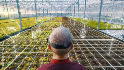 Back view of adult man farmer with VR glasses checking harvest in modern sunny greenhouse. Farming business. Healthy nutrition. Eco-friendly organic gardening system. Futuristic technology innovation.