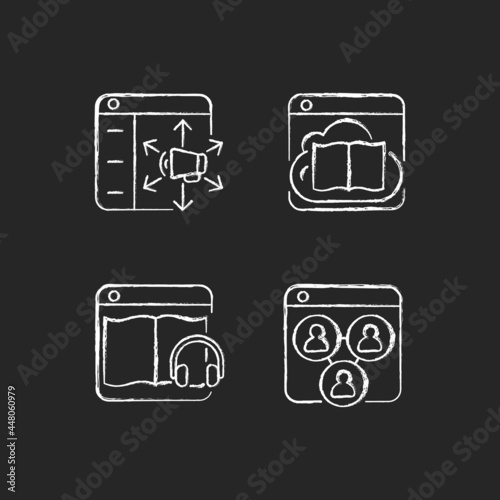 Launching online services chalk white icons set on dark background. Content distribution platform. Digital database with books. Audiobooks collection. Isolated vector chalkboard illustrations on black