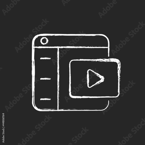 Video platforms chalk white icon on dark background. Uploading and sharing content. Streaming media. Video hosting. Monetizing recorded content. Isolated vector chalkboard illustration on black