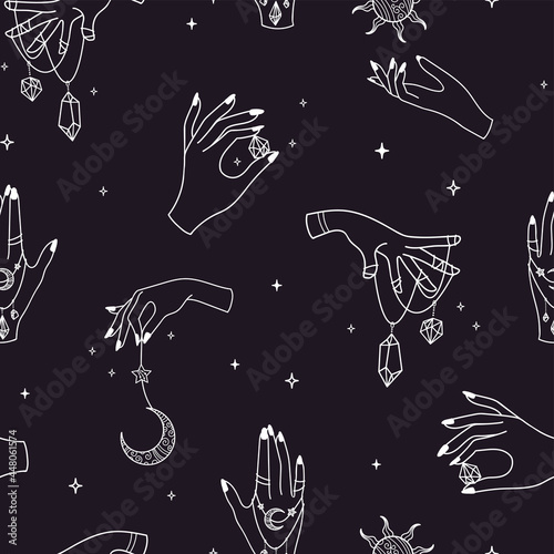 Modern magic seamless pattern, hand drawn symbols and ornaments, crystals, great for textiles, banners, wallpapers, wrapping - vector design