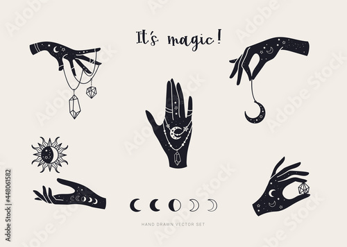 Set of magic hands with crystals and celestial symbols, trendy doodle art