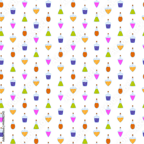 Vector seamless pattern with magic colorful potions. Witchcraft texture for wallpaper, web page background, wrapping paper and etc. Halloween background design
