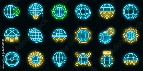 Global network icons set. Outline set of global network vector icons neon color on black