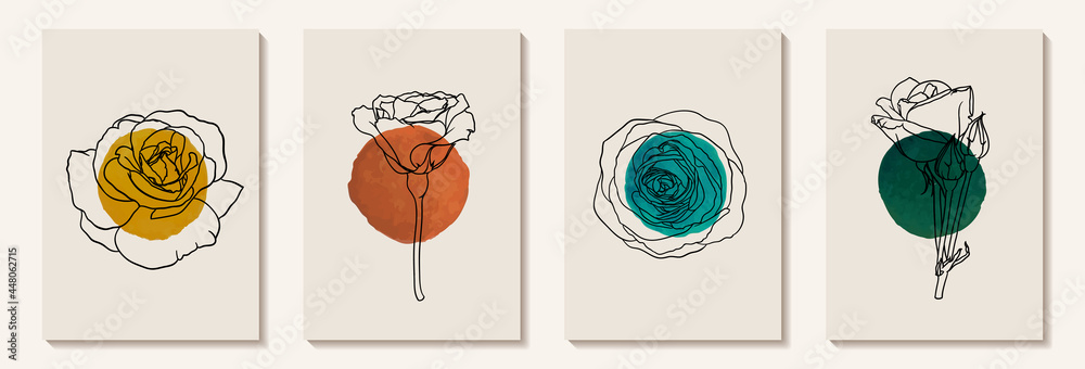 Creative minimalist hand painted Abstract art background with watercolor stain circle and Hand Drawn doodle rose outline. Design for wall decoration, postcard, poster or brochure - obrazy, fototapety, plakaty 