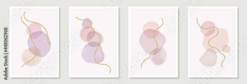 Abstract dusty pink liquid watercolor circle stains with golden lines, dots and watercolor stain brush stroke. for wall decoration, beauty and make up industry design, poster, brochure cover