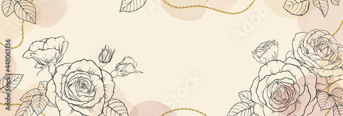 banner background of creative minimalist hand draw illustration floral outline roses pastel biege, simple watercolor stain for wall decoration, postcard, brochure cover design, banner beauty web cite