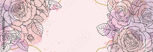 banner background of creative minimalist hand draw illustration floral outline roses pastel biege, simple watercolor stain for wall decoration, postcard, brochure cover design, banner beauty web cite