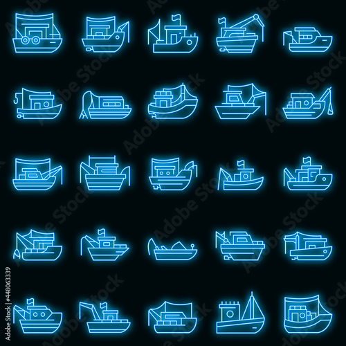 Fishing boat icons set. Outline set of fishing boat vector icons neon color on black