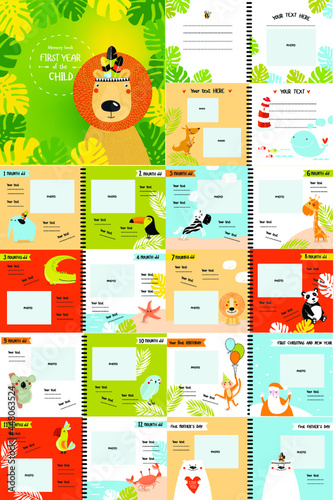 Vector photo book with cartoon animals for the children, "the first year of the child". Frames, stickers, poster, postcard, cover. Kangaroo, bear,panda, whale, summer, tropics. cartoon characters