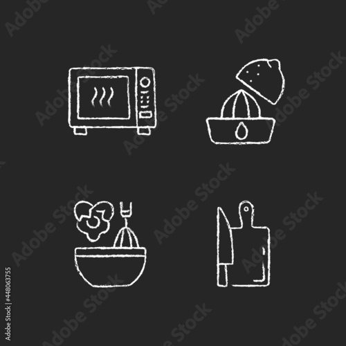 Food recipe chalk white icons set on dark background. Squeeze lemon. Microwave roasting. Scrambling egg. Cutting board. Cooking instruction. Isolated vector chalkboard illustrations on black
