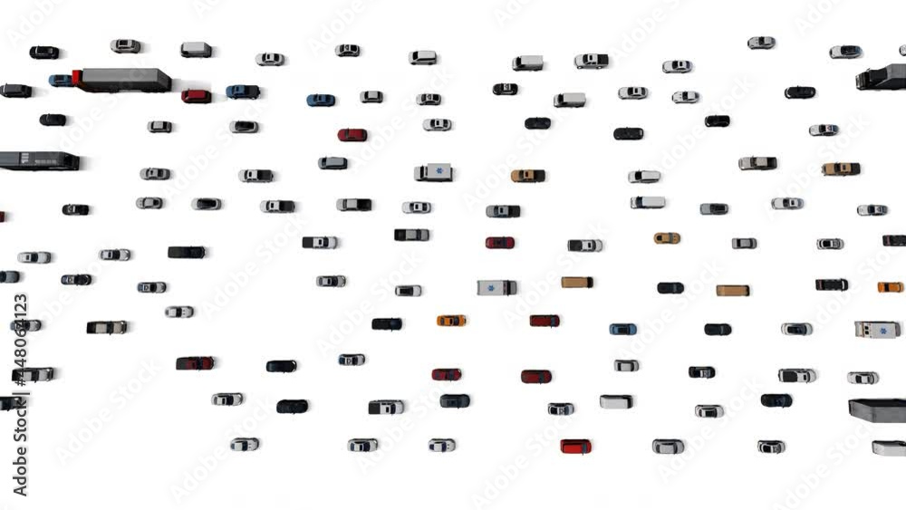 Heavy Traffic Of 3D Cars, Upper View 4K, White Background Heavy Traffic Of 3D Cars, Upper View 4K, White Background