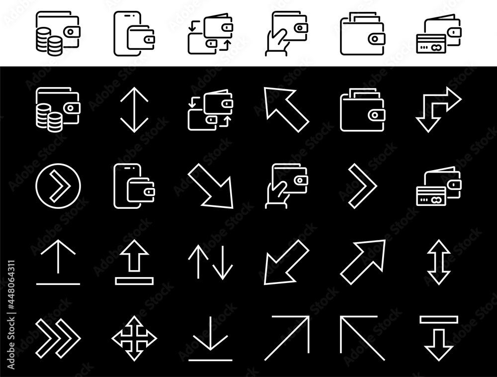 Set of line arrows, directions, arrows, contains icons such as pause, continuation, directly, to the right, Editable stroke. 480x480, On a white background, Vector illustration Set of line arrows, directions, arrows, contains icons such as pause, continuation, directly, to the right, Editable stroke. 480x480, On a white background, Vector illustration