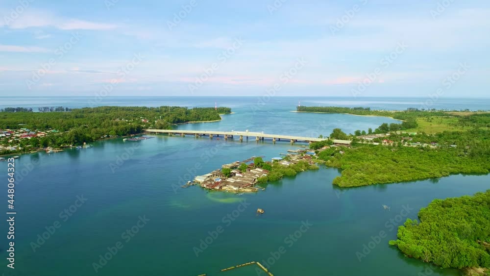 Amazing Aerial View Drone video of Sarasin bridge Phuket thailand This bridge linking the province of Phang Nga.transportation footage background and travel season concept Amazing Aerial View Drone video of Sarasin bridge Phuket thailand This bridge linking the province of Phang Nga.transportation footage background and travel season concept