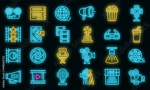 Cinematographer icons set. Outline set of cinematographer vector icons neon color on black