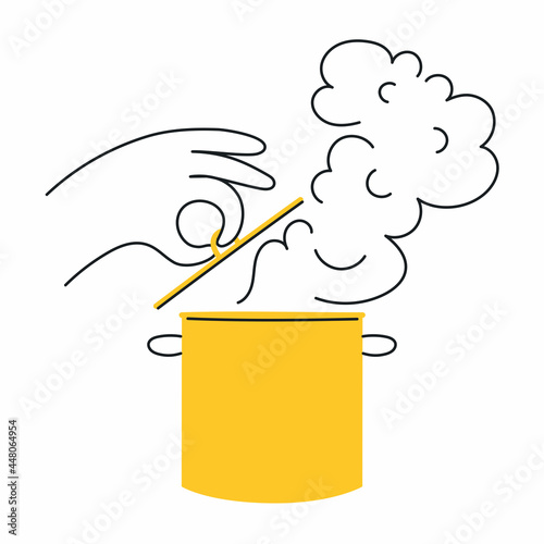 Culinary recipes, cooking soup. Human hand holding pot lid. Thin line vector illustration on white.