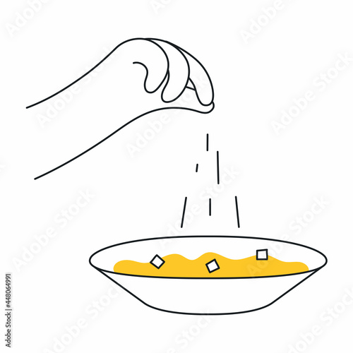 A hand tossed a pinch into a bowl of soup. Cooking, preparing dinner. Thin line vector illustration on white background.