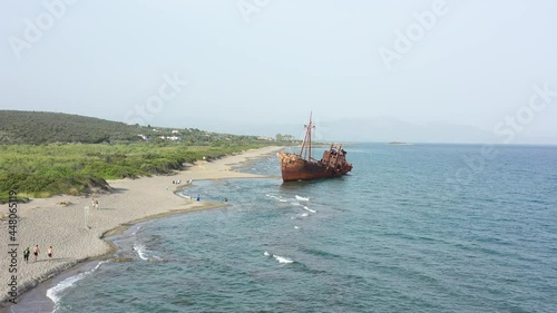 Aerial drone video of famous shipwreck of Dimitrios abandoned in Selinitsa bay near Gythio village, Peloponnese, Greece photo
