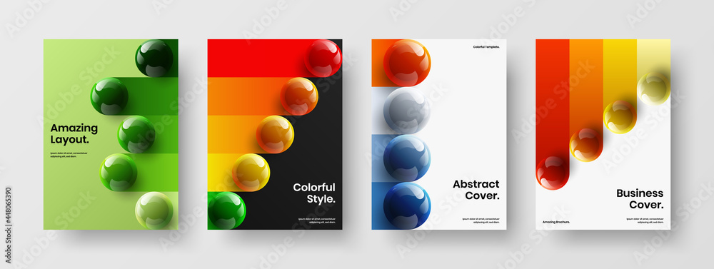 Colorful 3D spheres company cover illustration collection. Isolated presentation A4 vector design template set.
