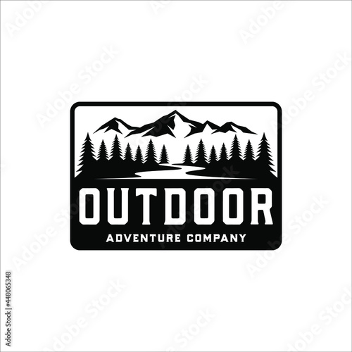 Mountain and pine tree logo with retro style badge design