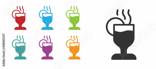 Black Mulled wine with glass of drink and ingredients icon isolated on white background. Cinnamon stick, clove, lemon slice. Set icons colorful. Vector