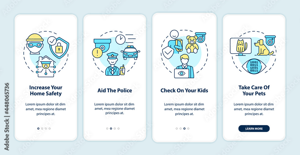Home security systems onboarding mobile app page screen. Household observation pros walkthrough 4 steps graphic instructions with concepts. UI, UX, GUI vector template with linear color illustrations