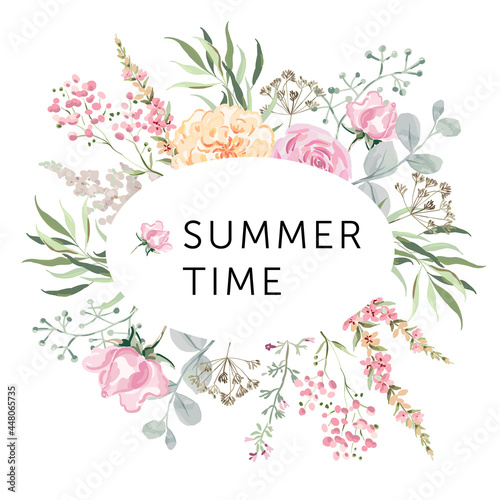 Bouquet of pink rose flowers, green leaves, herbs, white background. Wedding invitation oval frame. Vector illustration. Floral wreath. Summer nature. Design template greeting card with text