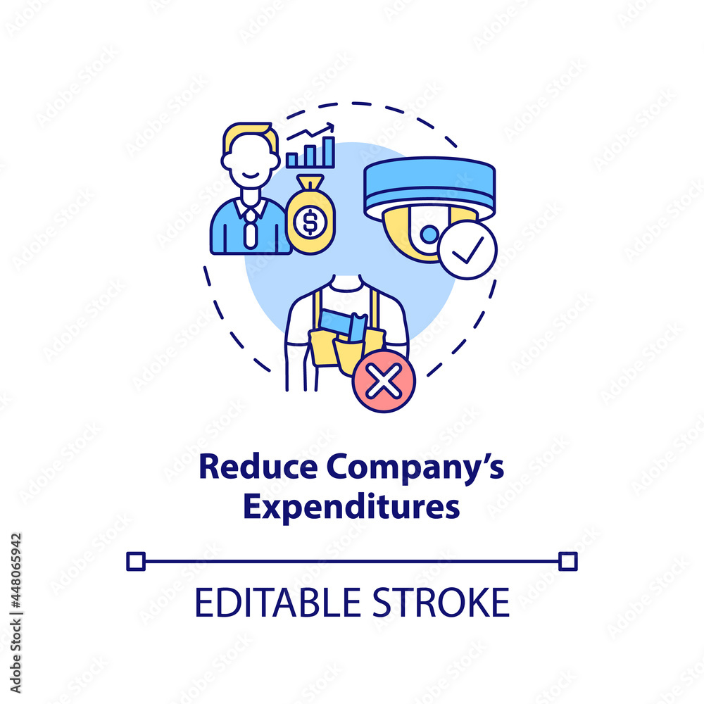 Reduce company expenditures concept icon. Surveillance systems for business abstract idea thin line illustration. Corporative infrastructure. Vector isolated outline color drawing. Editable stroke