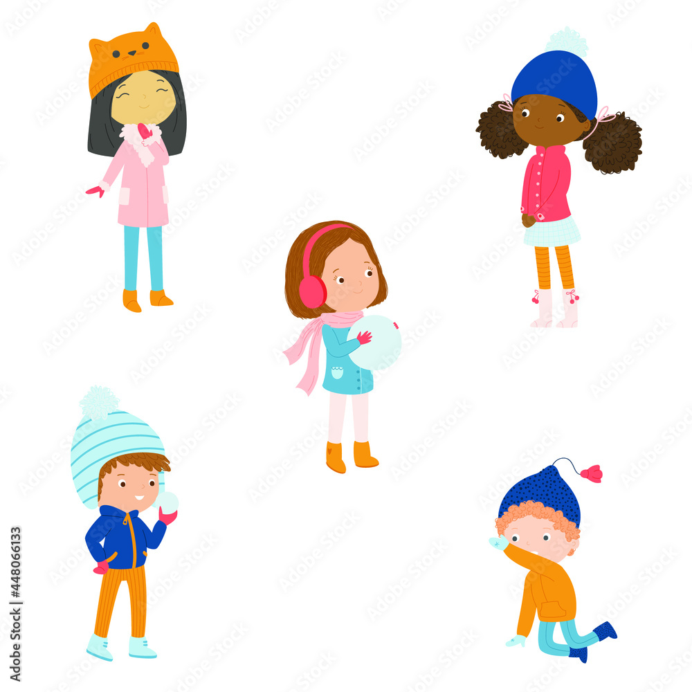 Happy children during winter time. Kids having fun in winter. Isolated over white illustrations