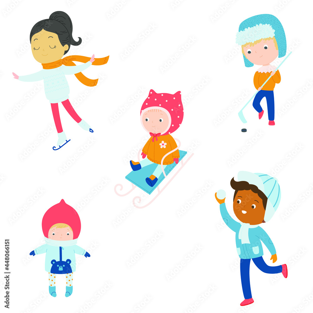 Happy children during winter time. Kids having fun in winter. Isolated over white illustrations Happy children during winter time. Kids having fun in winter. Isolated over white illustrations