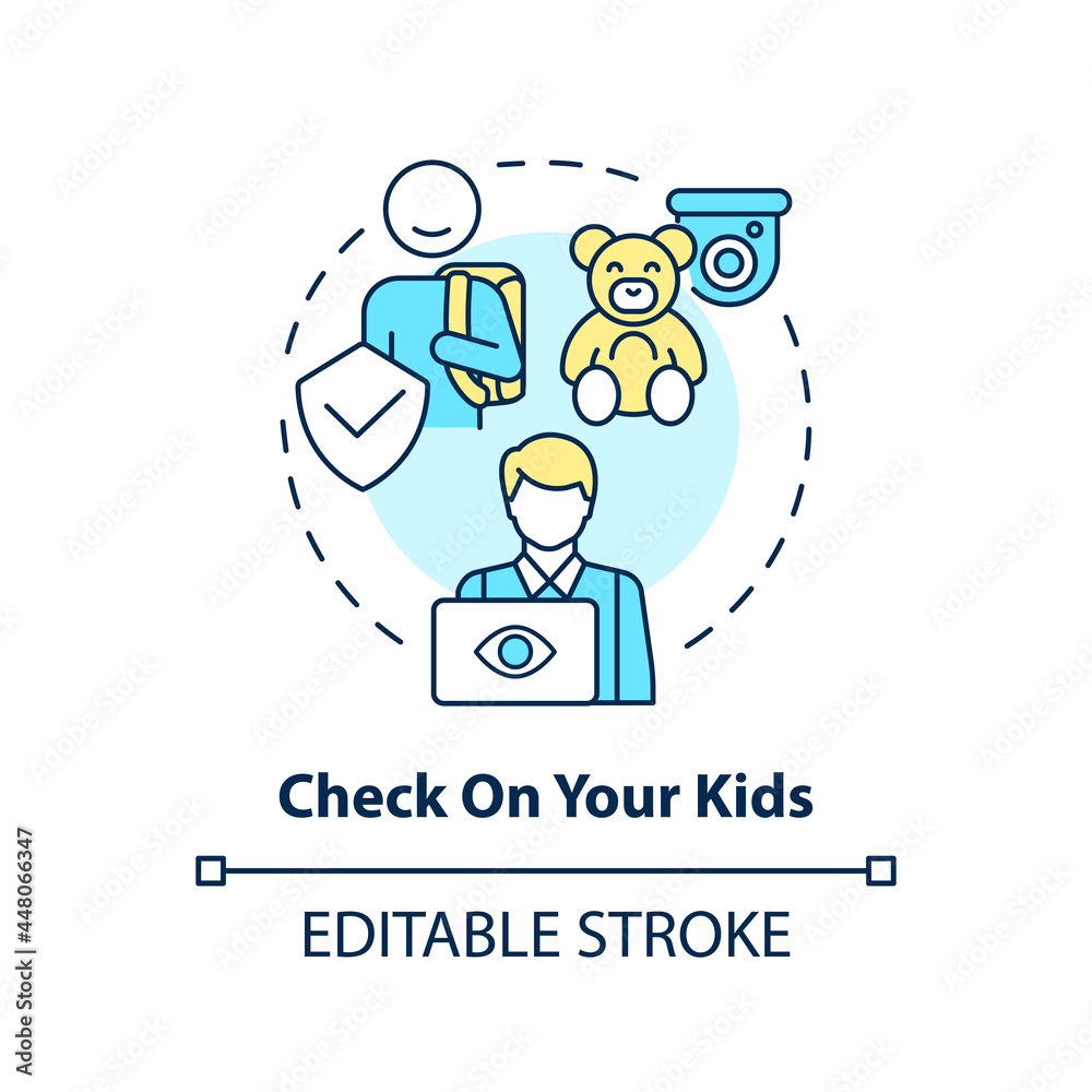 Check on your kids concept icon. Camera security systems. Remote monitoring abstract idea thin line illustration. Children behaviour control. Vector isolated outline color drawing. Editable stroke Check on your kids concept icon. Camera security systems. Remote monitoring abstract idea thin line illustration. Children behaviour control. Vector isolated outline color drawing. Editable stroke