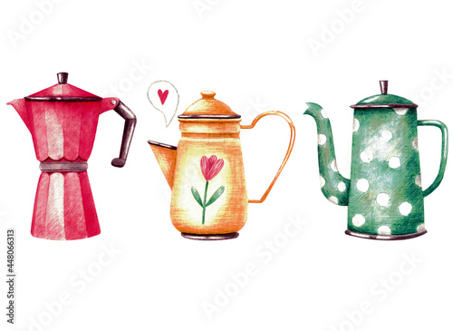 A set of different coffee pots. Watercolor illustration. Coffee. Dessert. Vintage. Plants. Hearts. Menu. Cafe. Design. Beautiful. Cute. Collection. Handmade work. Art. Multicolored.