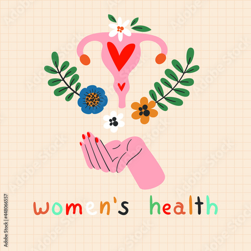 Women's health conceptual vector illustration. Medical and self care concept. Woman's hand holding floral uterus and hand lettering "Women's health".