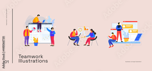 People work in a team, chatting at a conference. Colleagues discussing business strategy, joint project. Meeting with business people, managers. Vector flat illustration.