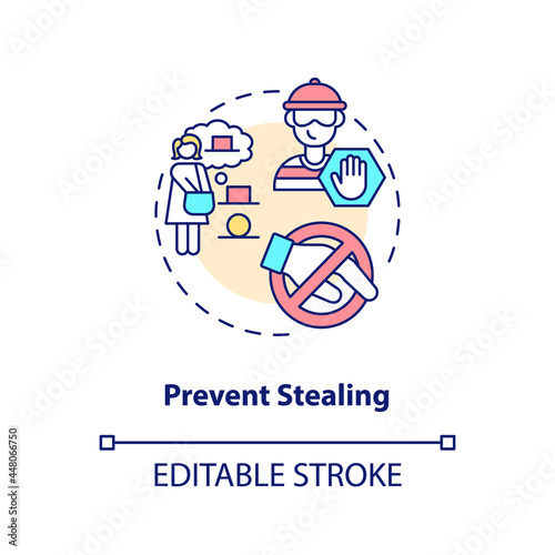 Prevent stealing concept icon. Security systems and products protection. Surveillance for shopping abstract idea thin line illustration. Vector isolated outline color drawing. Editable stroke