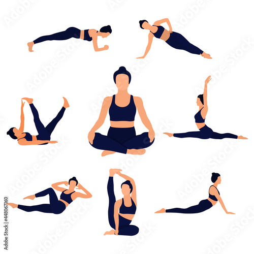 Faceless image of a girl doing yoga or fitness. Floor exercises. Vector illustration.