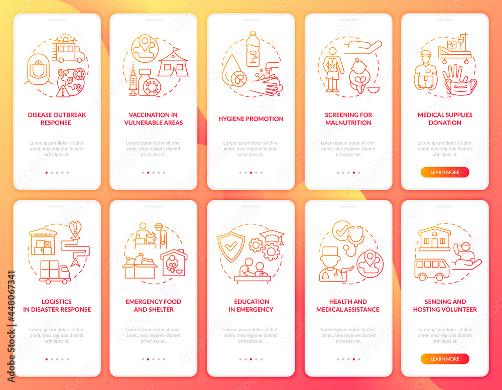 Humanitarian aid realities onboarding mobile app page screen. Social support walkthrough 10 steps graphic instructions with concepts. UI, UX, GUI vector template with linear color illustrations