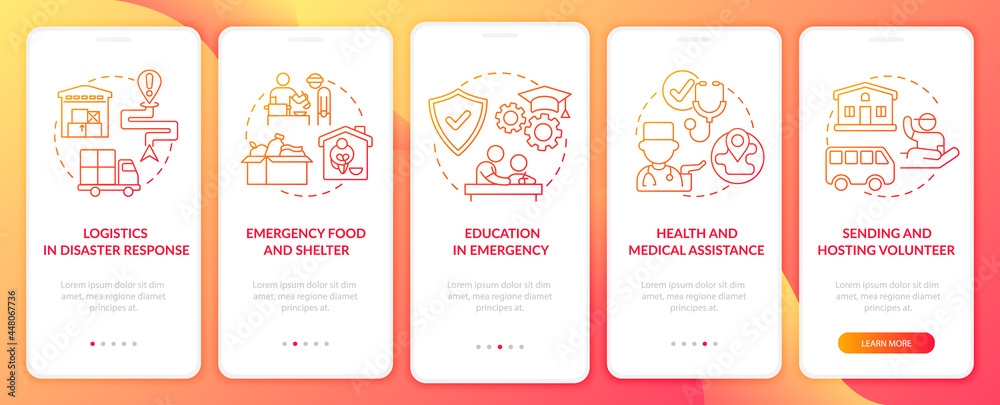 Emergency food and shelter onboarding mobile app page screen. Healthcare walkthrough 5 steps graphic instructions with concepts. UI, UX, GUI vector template with linear color illustrations