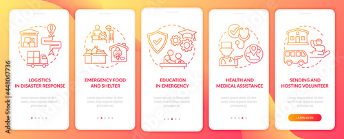 Emergency food and shelter onboarding mobile app page screen. Healthcare walkthrough 5 steps graphic instructions with concepts. UI, UX, GUI vector template with linear color illustrations