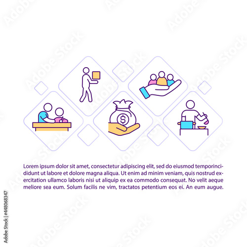 Economic help concept line icons with text. Humanitarian aid PPT page vector template with copy space. Brochure, magazine, newsletter design element. Emergency education linear illustrations on white