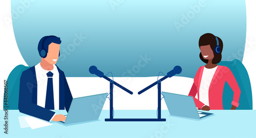 Vector of a man and a woman recording radio show in a studio podcasting